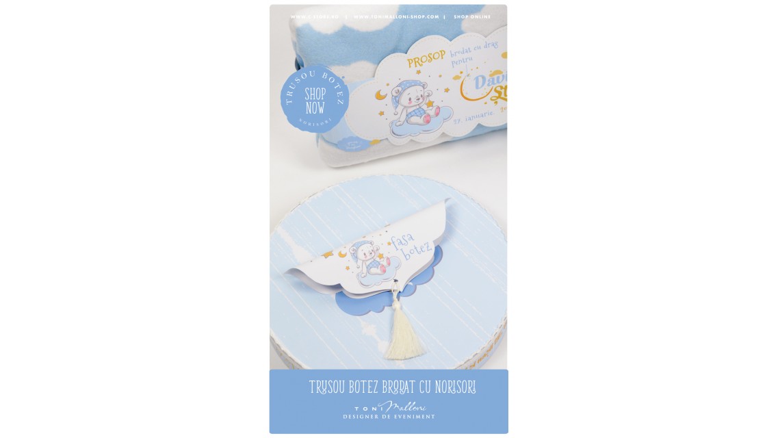 Trusou botez personalizat cu norisori pufosi si ursuleti, Dream big little boy  5